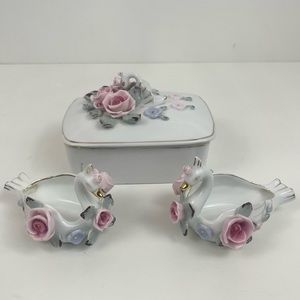Vintage Lefton Pink Roses Golden Trim Swan Trinket Box & Trinket Dish Piece Set
